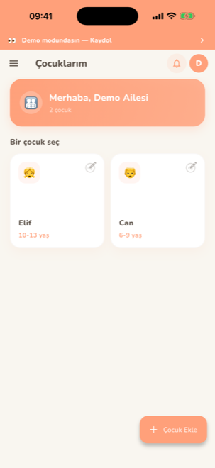 Ailedeki çocuk profillerini seçme ekranı