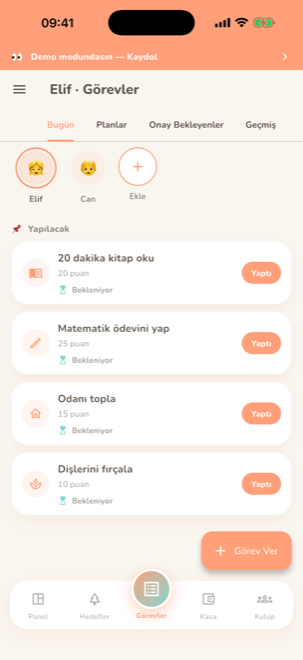 Çocuğun günlük görevlerinin listelendiği ekran